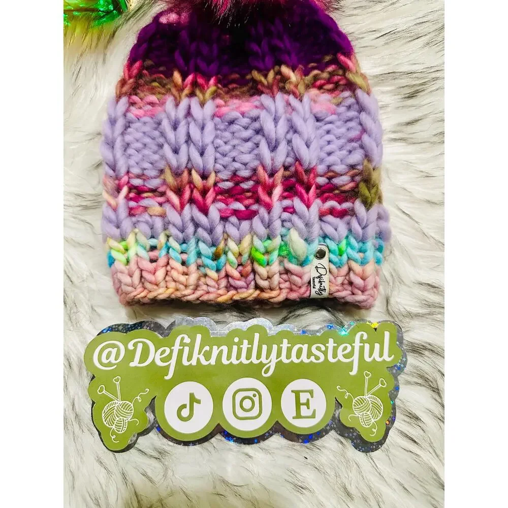 Handmade Neon Merino Wool Beanie: Colorful Winter Hat with Faux Fur Pom